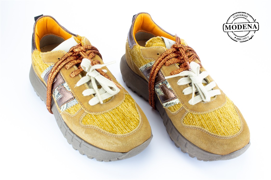 Modena schoenmode - sneaker metallic veter - oker sneaker